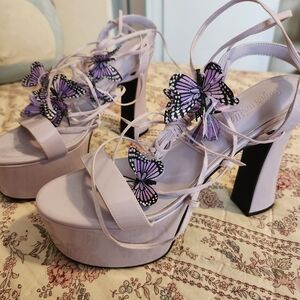 Sugar Thrillz Lavender Platform Lace-Up Heels with Butterfly Embellishments